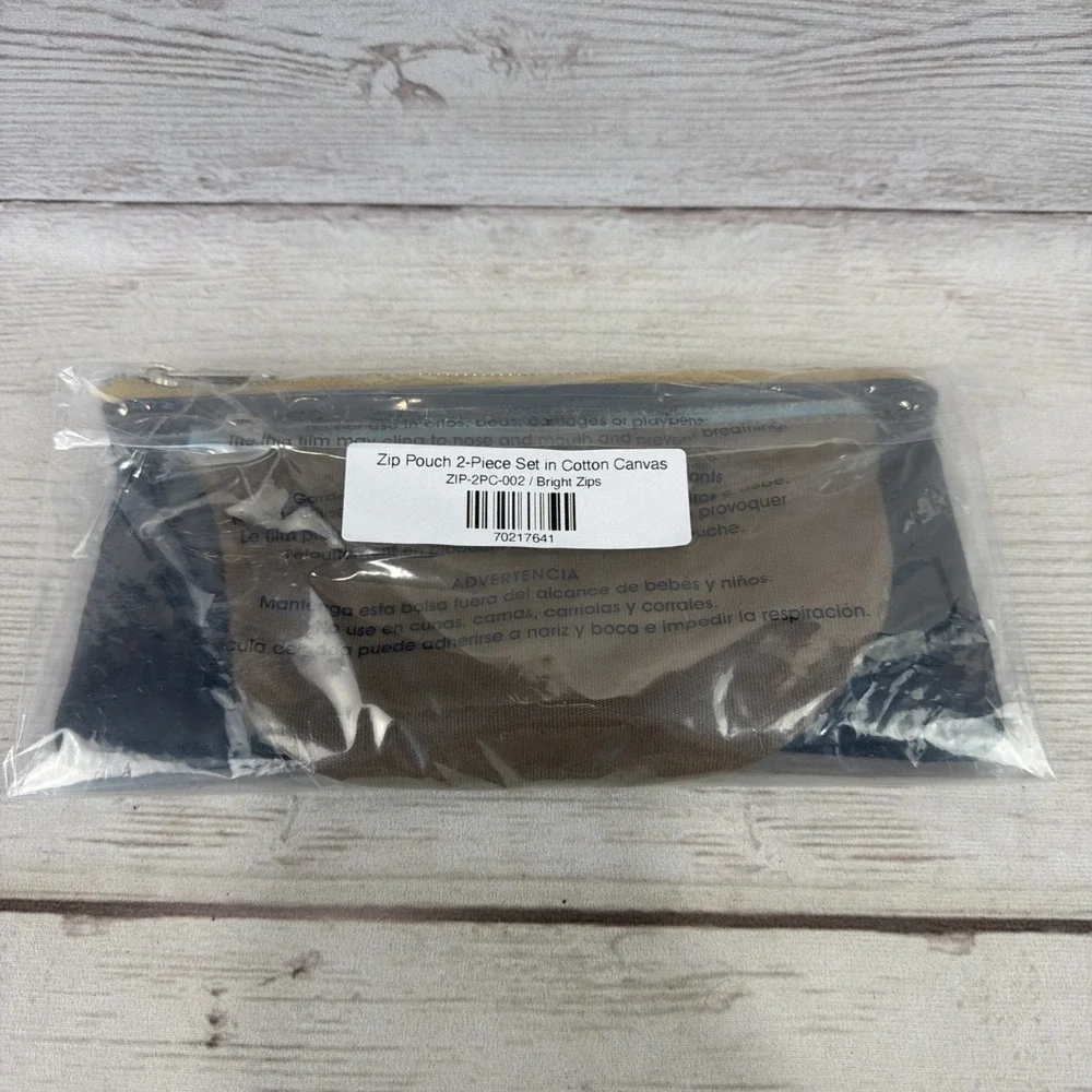 New Elizabeth Suzann Zip Pouch 2-Piece Set Cotton Canvas Black Brown w/Accents